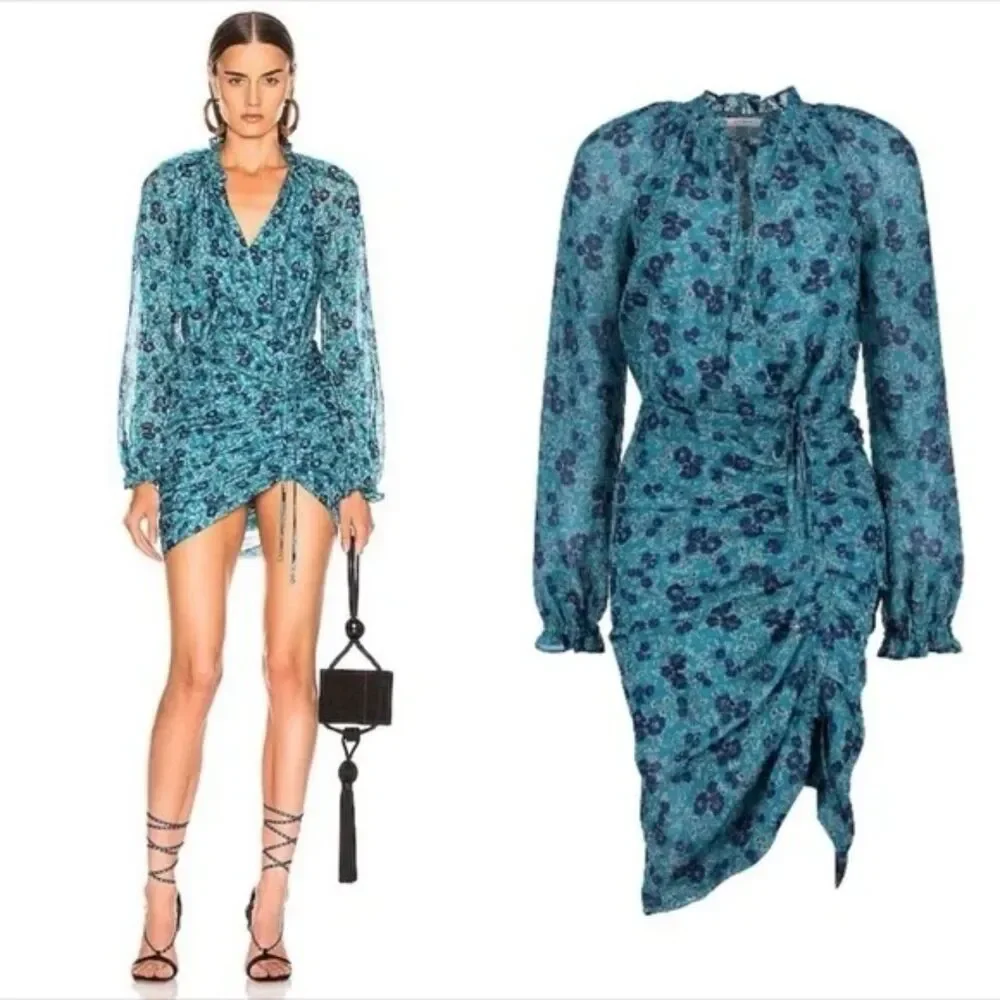 Veronica Beard Teal Navy Floral Chiffon Long Sleeve Midi Dress 4 - Picture 4 of 12